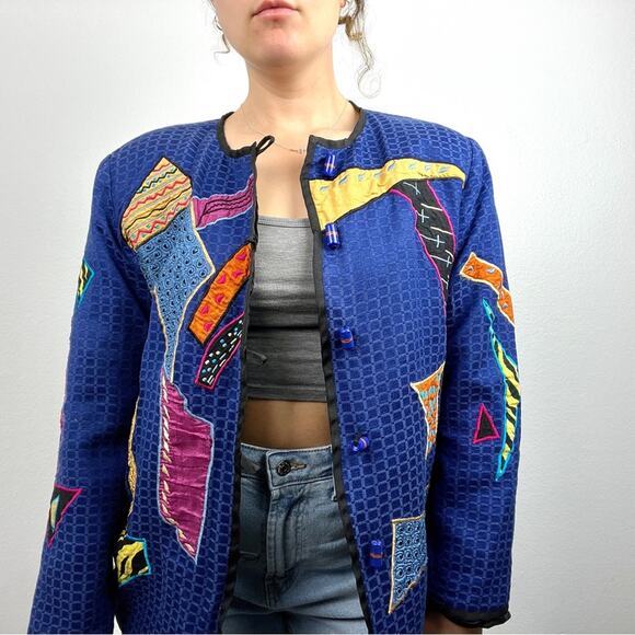 Vintage Allure | 80s 90s Unique Art to Wear Jacket Blue Multi Colored Patches S - Picture 4 of 5